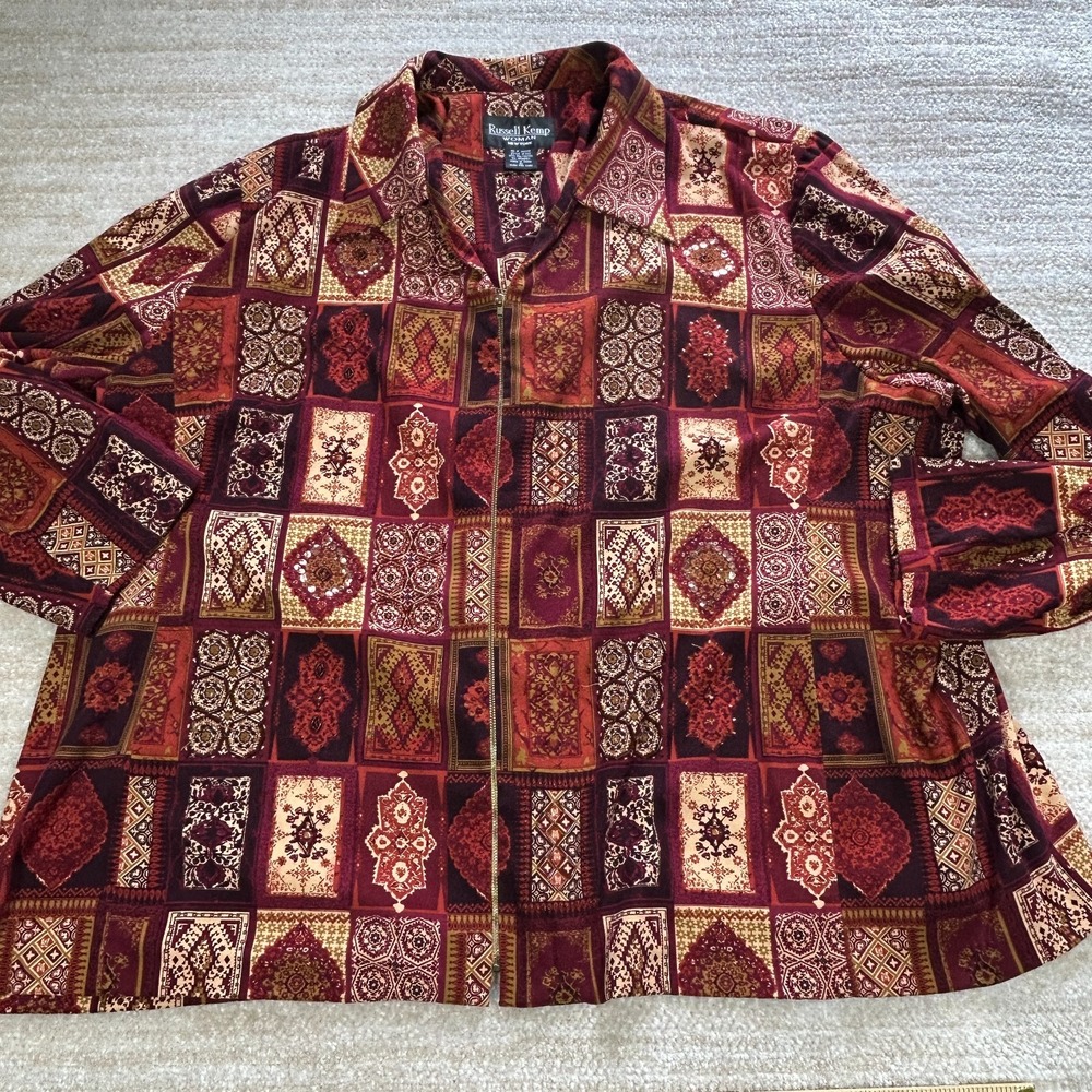 Russell Kemp Woman 3X Burgundy Patchwork Zip Front Sequin Beaded Blouse Top 1122